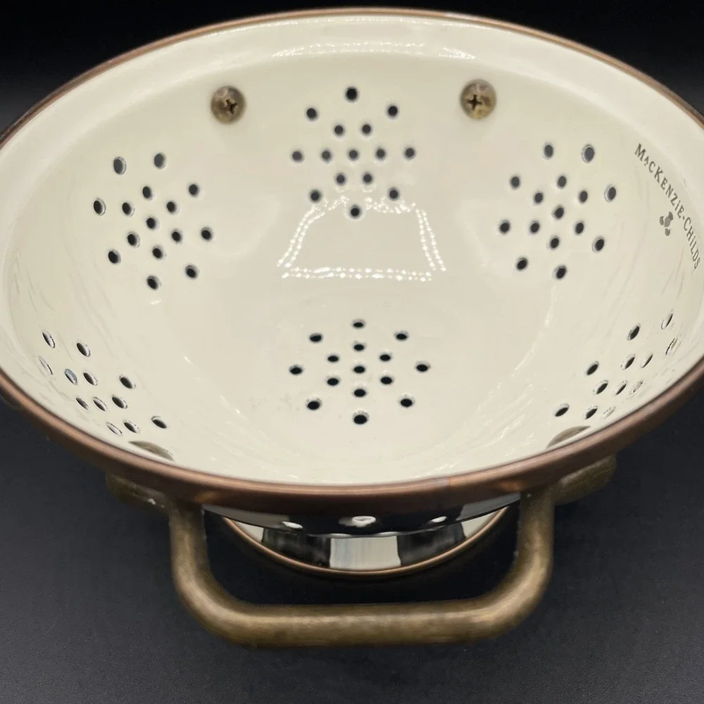 MacKenzie Childs Courtly Check Small Colander Enamel Strainer Black And White